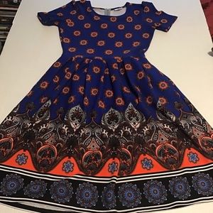 Women’s LulaRoe Blue & Orange Fit & Flair Dress with 2 pockets. Size M